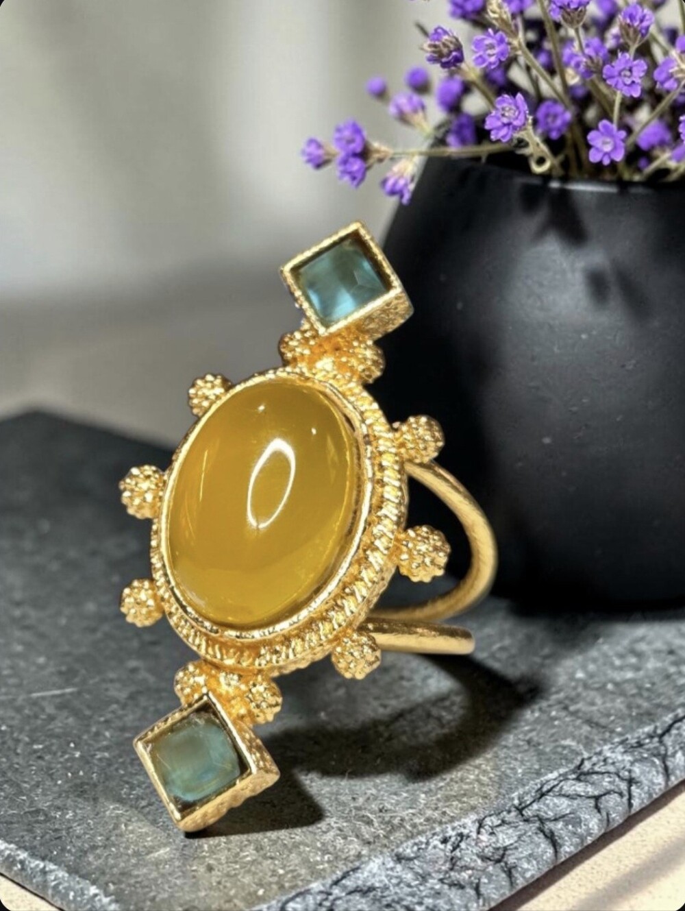 Romantic 18k Gold Plated Artisan Byzantine Lemon Quartz Aquamarine Crystal Ring